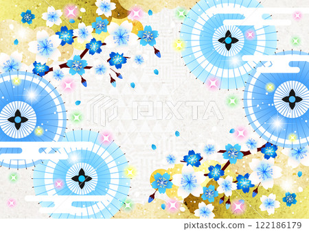 Japanese pattern background with Japanese umbrella and plum branch, cute, blue, illustration, horizontal Japanese pattern background with Japanese umbrella and plum branch, cute, blue, illustration, horizontal 122186179