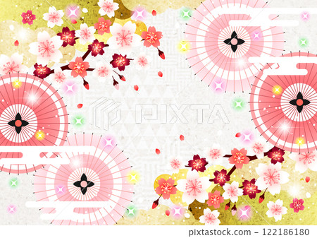 Japanese pattern background of Japanese umbrella and plum branch, cute, red, illustration, horizontal 122186180