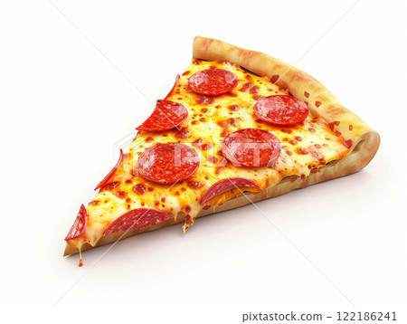 3D slice of pizza with pepperoni on it isolated on white background. 122186241
