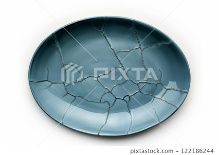 Blue empty ceramic plate on isolated on white background. 122186244