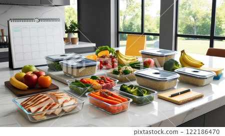 Healthy Meal Prep on White Granite Organized Kitchen Countertop with Fresh Ingredients and Planning Tools in Natural Light 122186470