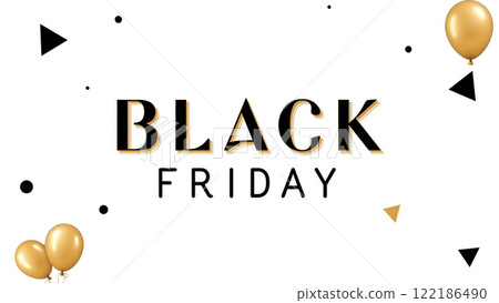 Vibrant Black Friday Sale Celebration with Balloons and Confetti. Festive Shopping Event Promotion on Pink Background with Colorful Party Elements. 122186490
