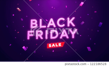 Glowing Black Friday Sale Sign Neon Text with Huge Discounts on a Dark Background 122186528
