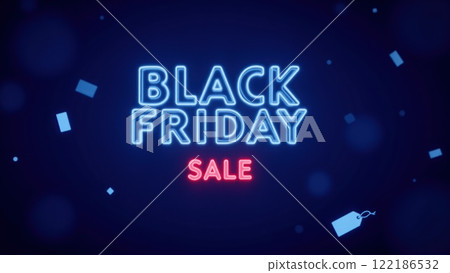 Glowing Black Friday Sale Sign Neon Text with Huge Discounts on a Dark Background 122186532