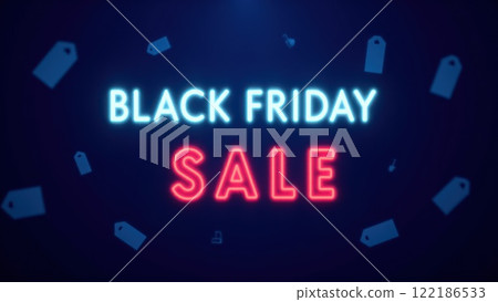 Glowing Black Friday Sale Sign Neon Text with Huge Discounts on a Dark Background 122186533