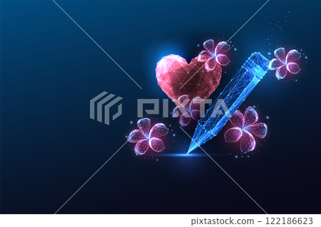 Love for writing concept with glowing red heart, sparkling flowers, blue pencil on blue background.  122186623