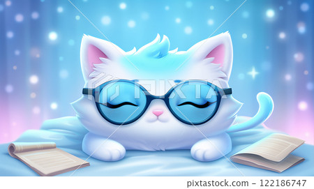A white kitten with glasses fell asleep at a table among books 122186747