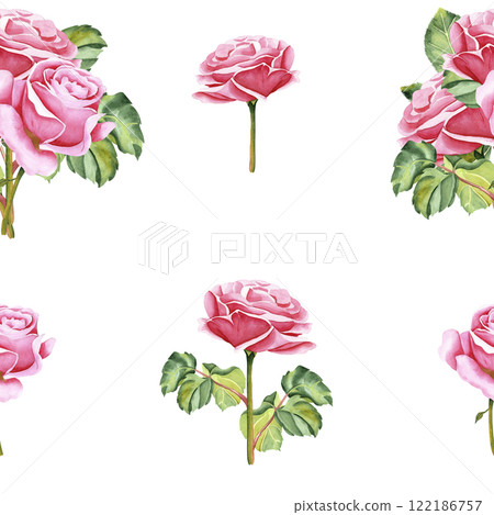 Watercolor seamless pattern of botanical bouquet. Flowers, leaves and bud on isolated background. Garden pink rose. Realistic illustration. Hand drawn in botanical style. Image for your design 122186757