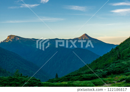 Kasagatake and Chichibu Rocks seen at sunrise from Kurobe Goro Hut. Climbing Mount Sugoroku and Mount Mitsumatarenge in the Northern Alps 122186817