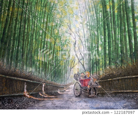 描繪嵯峨野乘坐人力車遊覽竹林的日本畫 122187097