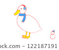 Illustration of a duck and a snowman wearing a scarf and earmuffs 122187191