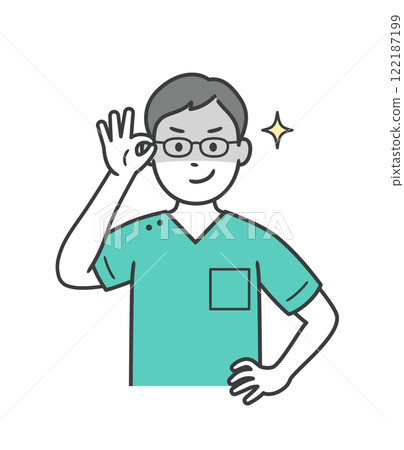 A young male dentist pushing up his glasses and grinning slyly 122187199