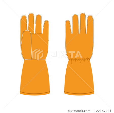 Welding Gloves Working hand accessory clothing orange cartoon technical illustration garment. Vector front palm back 122187221