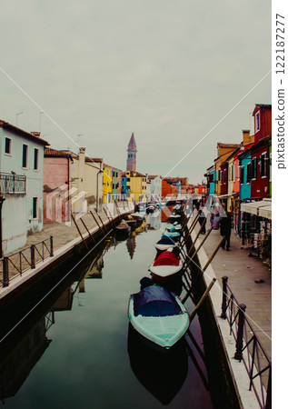 Colourful Canal Street with Boats in a Picturesque Town name Burano in Vinice 122187277