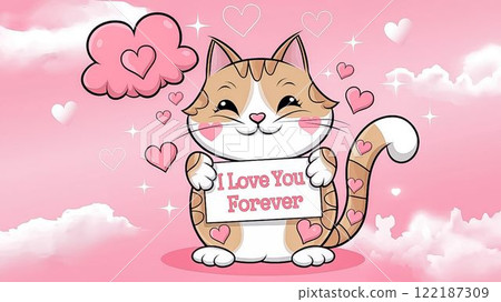 Adorable Cat Love Cute Hearts Illustration Valentine day with worbs I Love you forever  122187309