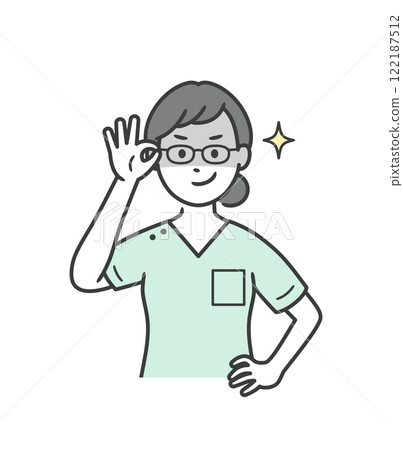 A young female dentist raising her glasses and grinning slyly 122187512