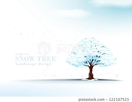 Realistic illustration of snow-covered trees standing on a snowy field with a blue sky | Winter scenery 122187523