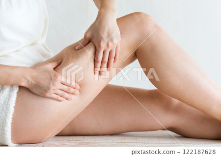 Close-up of cellulite on a young woman's thigh. Close-up of cellulite on a young woman's thigh. 122187628