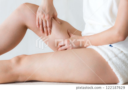 Close-up of cellulite on a young woman's thigh. Close-up of cellulite on a young woman's thigh. 122187629