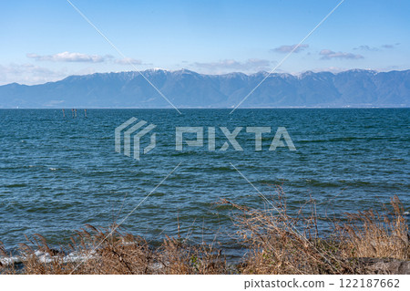 Hirayama mountain range of Lake Biwa and snow in winter 122187662