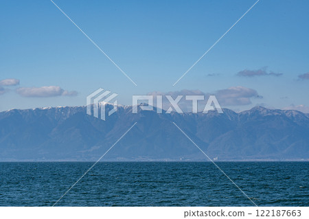 Hirayama mountain range of Lake Biwa and snow in winter Hirayama mountain range of Lake Biwa and snow in winter 122187663