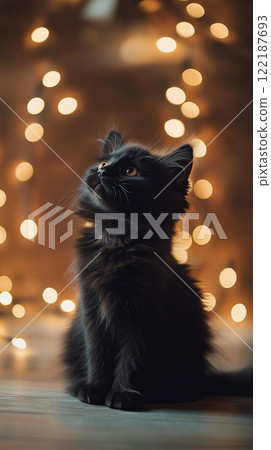 Black beautiful cat sitting on a bright background with bokeh lights 122187693