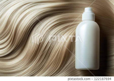 Shampoo bottle against a background of luxurious hair 122187694