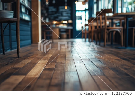 Coffee shop interior with wooden floor and bookshelves. Coffee shop interior with wooden floor and bookshelves. 122187709