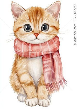 Cute ginger cat in scarf. Watercolor illustration isolated on white background. 122187753