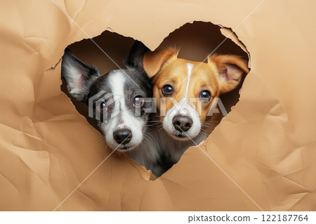 Two dogs peeking out of a paper hole in shape of heart. Valentine's day, love concept. 122187764