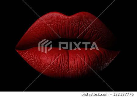 Red glossy lips on black background. Close up of female lips. 122187776