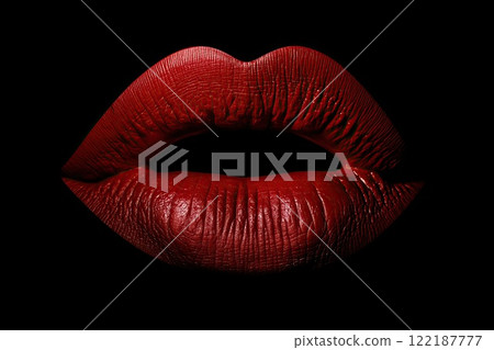 Red glossy lips on black background. Close up of female lips. 122187777