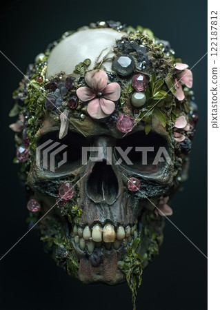 Skull with a lot of precious stones. Close-up. 122187812