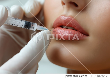 Close-up of female lips being injected with filler injection in clinic 122187857