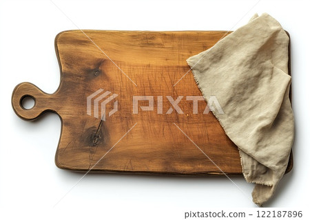 Empty wooden cutting board and kitchen towel on white background, top view Empty wooden cutting board and kitchen towel on white background, top view 122187896