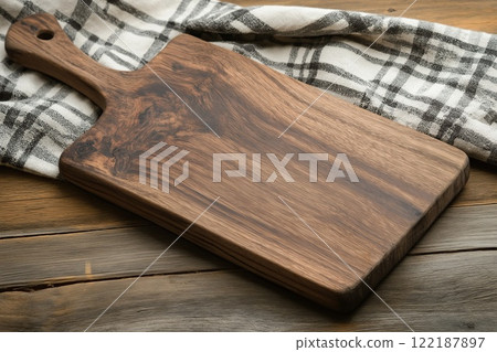 Wooden cutting board and kitchen towel on wooden table. Wooden cutting board and kitchen towel on wooden table. 122187897
