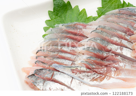 新鮮竹莢魚生魚片的特寫 新鮮竹莢魚生魚片的特寫 122188173
