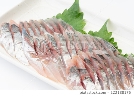 新鮮竹莢魚生魚片的特寫 新鮮竹莢魚生魚片的特寫 122188176