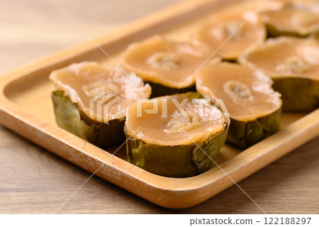 Sticky rice cake (Nian Gao), Chinese New Year cake on wooden plate 122188297