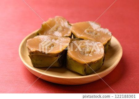Sticky rice cake (Nian Gao), Chinese New Year cake on red background 122188301