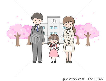 Entrance ceremony: A girl and her parents standing in front of the school building 122188327