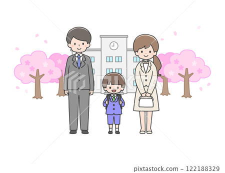 Entrance ceremony: Boy and parents standing in front of the school building 122188329