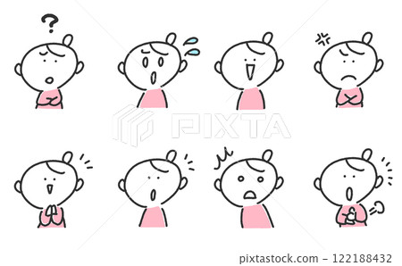 一群有著各種漫畫風格臉部表情的女性:擔心、憤怒、我明白了、意識到了。 一群有著各種漫畫風格臉部表情的女性:擔心、憤怒、我明白了、意識到了。 122188432