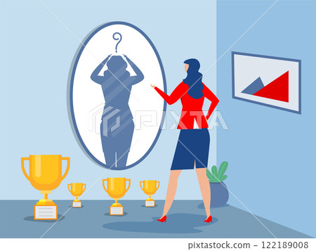 Imposter syndrome, Mental psychology concept.woman looking shadow her self on mirror with,Doubt, low self-esteem.Person doubtful in skills, talents. Flat graphic vector illustration Imposter syndrome, Mental psychology concept.woman looking shadow her self on mirror with,Doubt, low self-esteem.Person doubtful in skills, talents. Flat graphic vector illustration 122189008