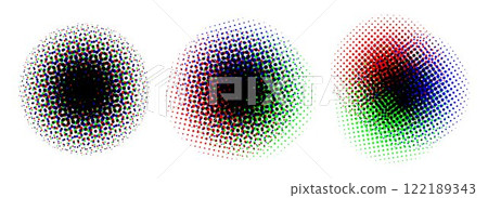 Halftone round background set. RGB color dotted half tone shapes. Grunge ink press splash stains and blots. RGB textured pixelated circle gradient collection. Print production raster glitch. Vector Halftone round background set. RGB color dotted half tone shapes. Grunge ink press splash stains and blots. RGB textured pixelated circle gradient collection. Print production raster glitch. Vector 122189343