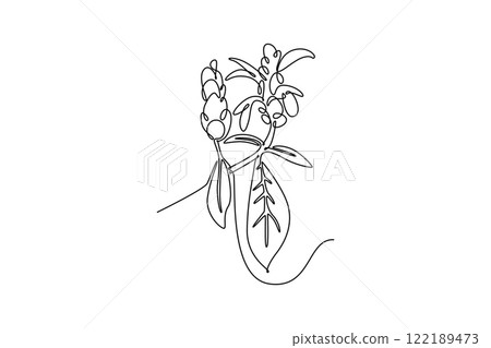 Single one line drawing beauty fresh golden shrimp plant wall decor home art poster. Decorative lollipop plant flower for greeting card. Modern continuous line draw design graphic vector illustration 122189473