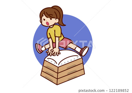 Female elementary school student jumping over a box 122189852