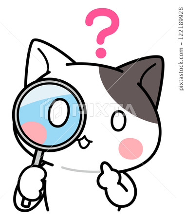 A cat character looking through a magnifying glass and with a question mark floating above his head 122189928