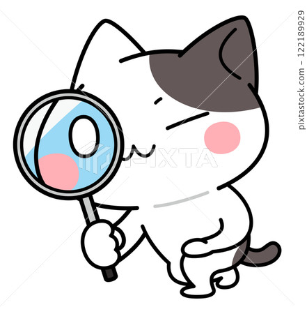 A cat character 2 squatting and looking through a magnifying glass 122189929