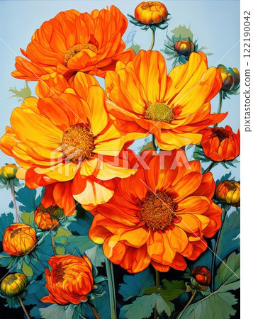 the AI Image Generator, Bright Orange Flowers Blooming Against a Clear Sky the AI Image Generator, Bright Orange Flowers Blooming Against a Clear Sky 122190042